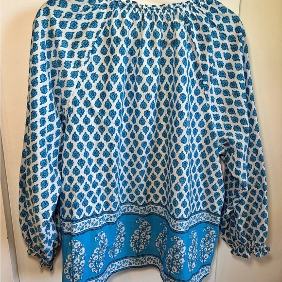 J. Crew 100% Cotton Blue Patterned Women's Top with bell sleeves - Picture 2 of 7